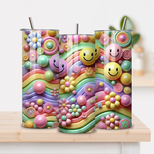 Pastel tumbler met regenboog, bloemen en smiley faces in 3D-stijl, kleurrijke herbruikbare drinkbeker met rietje