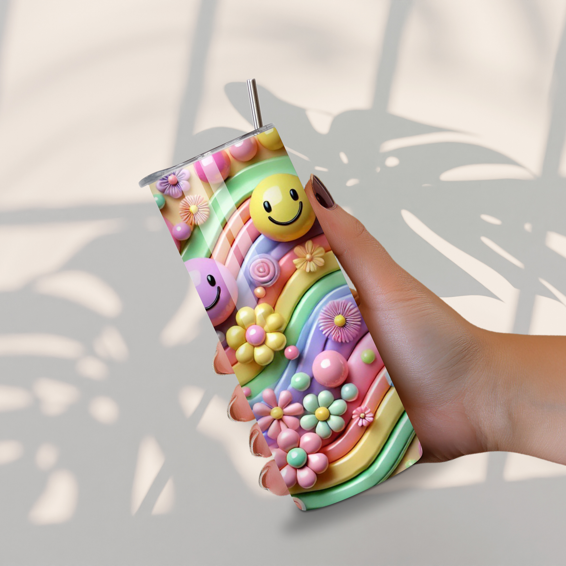 Pastel tumbler met regenboog, bloemen en smiley faces in 3D-stijl, kleurrijke herbruikbare drinkbeker met rietje
