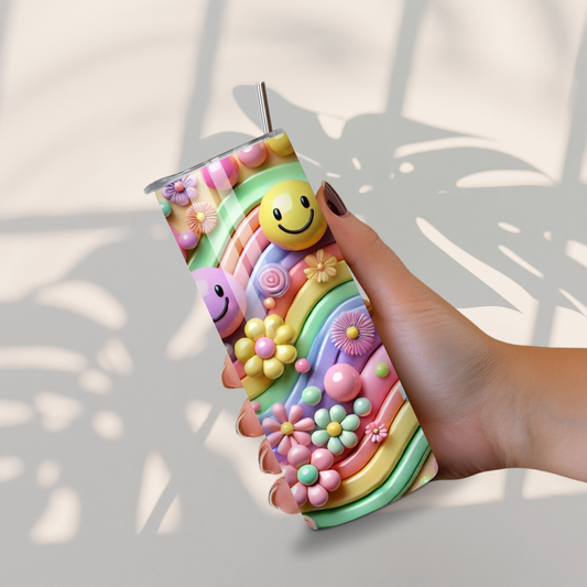 Pastel tumbler met regenboog, bloemen en smiley faces in 3D-stijl, kleurrijke herbruikbare drinkbeker met rietje