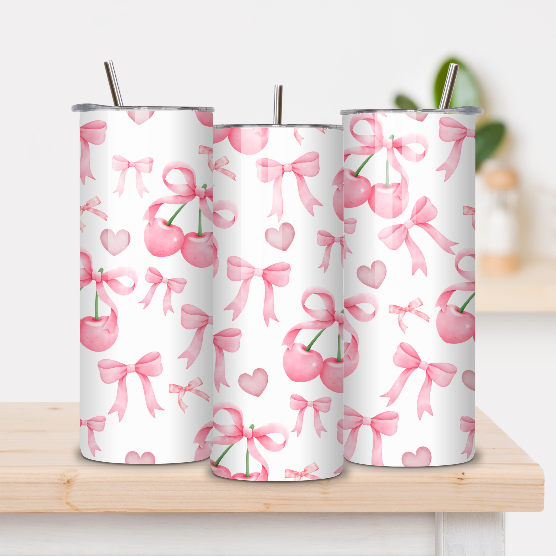 Witte tumbler met roze strikken, kersen en hartjes, coquette-stijl drinkbeker met metalen rietje