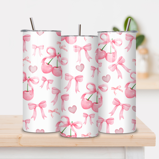 Witte tumbler met roze strikken, kersen en hartjes, coquette-stijl drinkbeker met metalen rietje