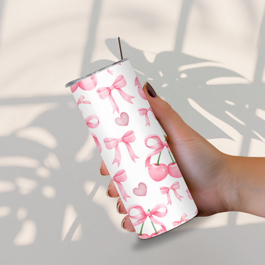 Witte tumbler met roze strikken, kersen en hartjes, coquette-stijl drinkbeker met metalen rietje