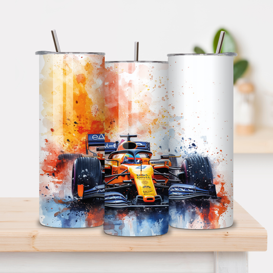 Roestvrijstalen tumbler met F1 racewagen in oranje en blauw, dynamische print, herbruikbaar met metalen rietje