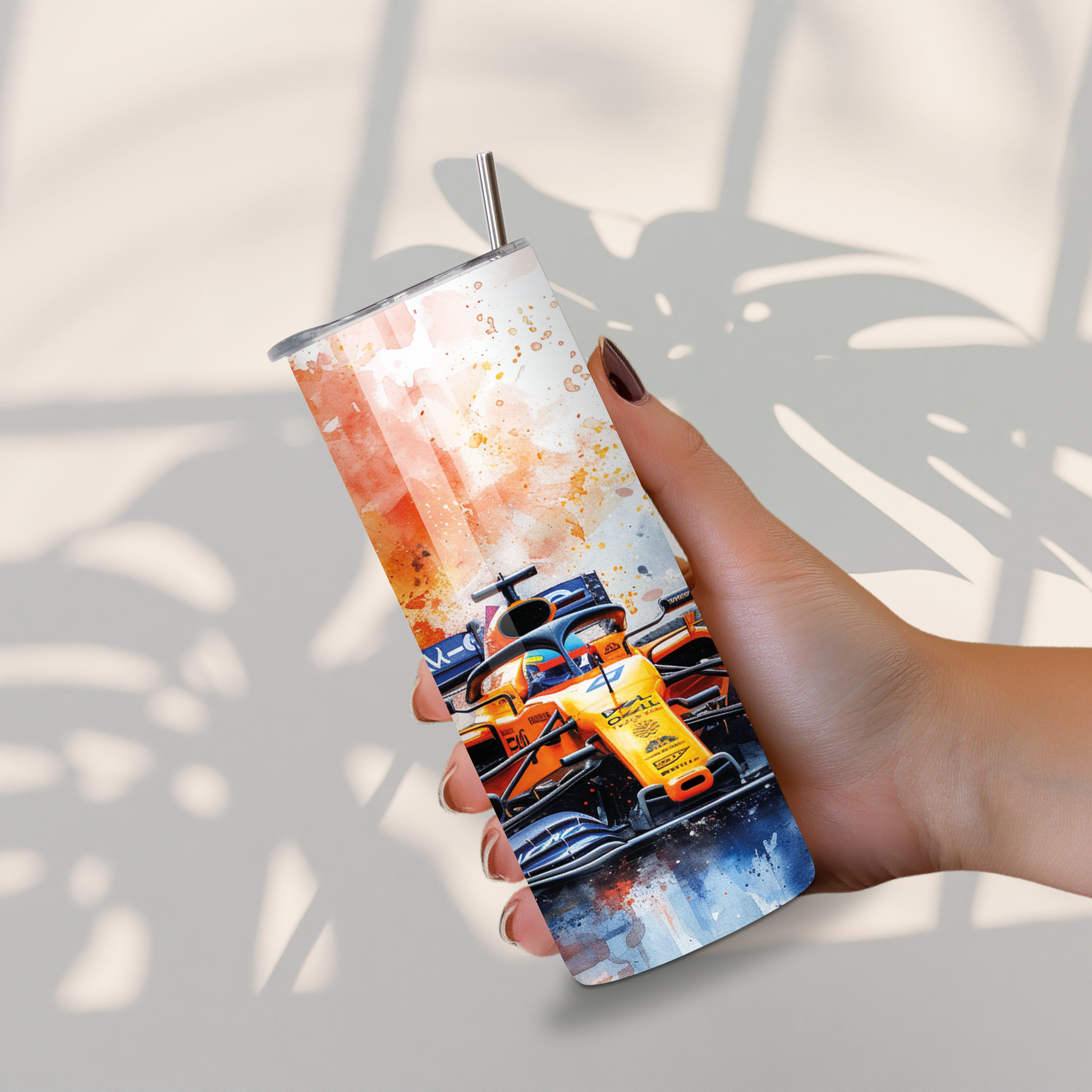Roestvrijstalen tumbler met F1 racewagen in oranje en blauw, dynamische print, herbruikbaar met metalen rietje