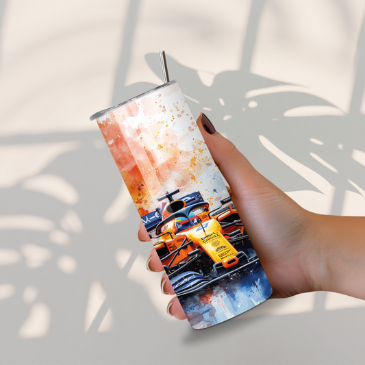 Roestvrijstalen tumbler met F1 racewagen in oranje en blauw, dynamische print, herbruikbaar met metalen rietje