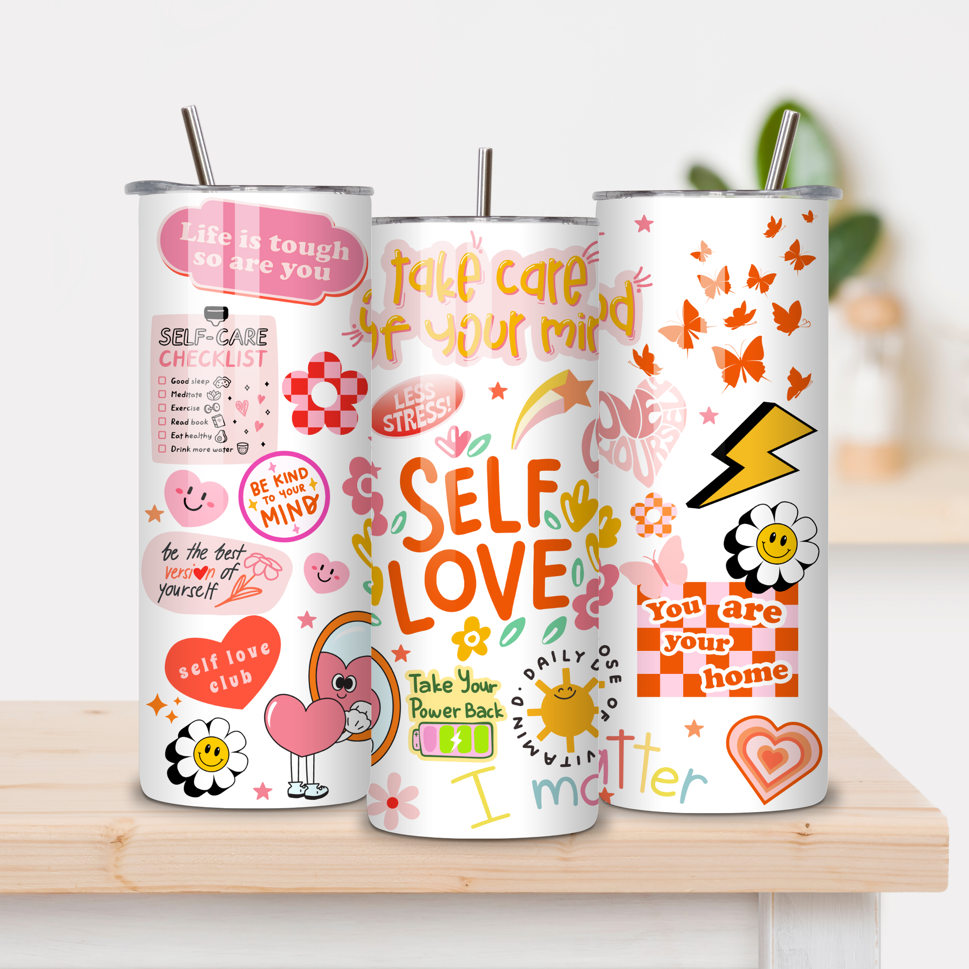 Witte self love tumbler met affirmaties, bloemen, zonnetje en kleurrijke teksten zoals “take care of your mind” en “less stress”