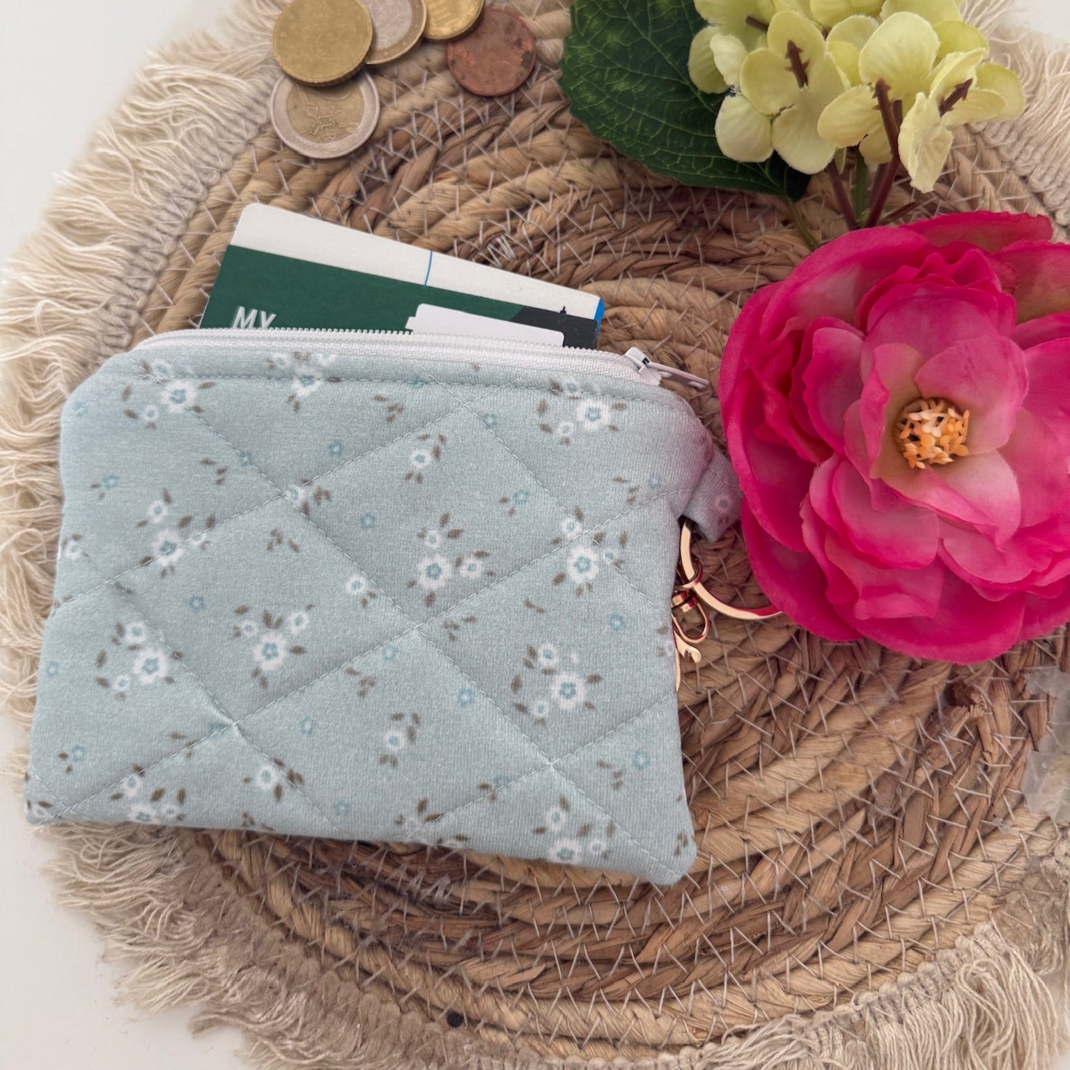 Gequilte Blauwe mini portemonnee met witte bloemetjes en metalen clip, gevuld met pasjes en muntgeld