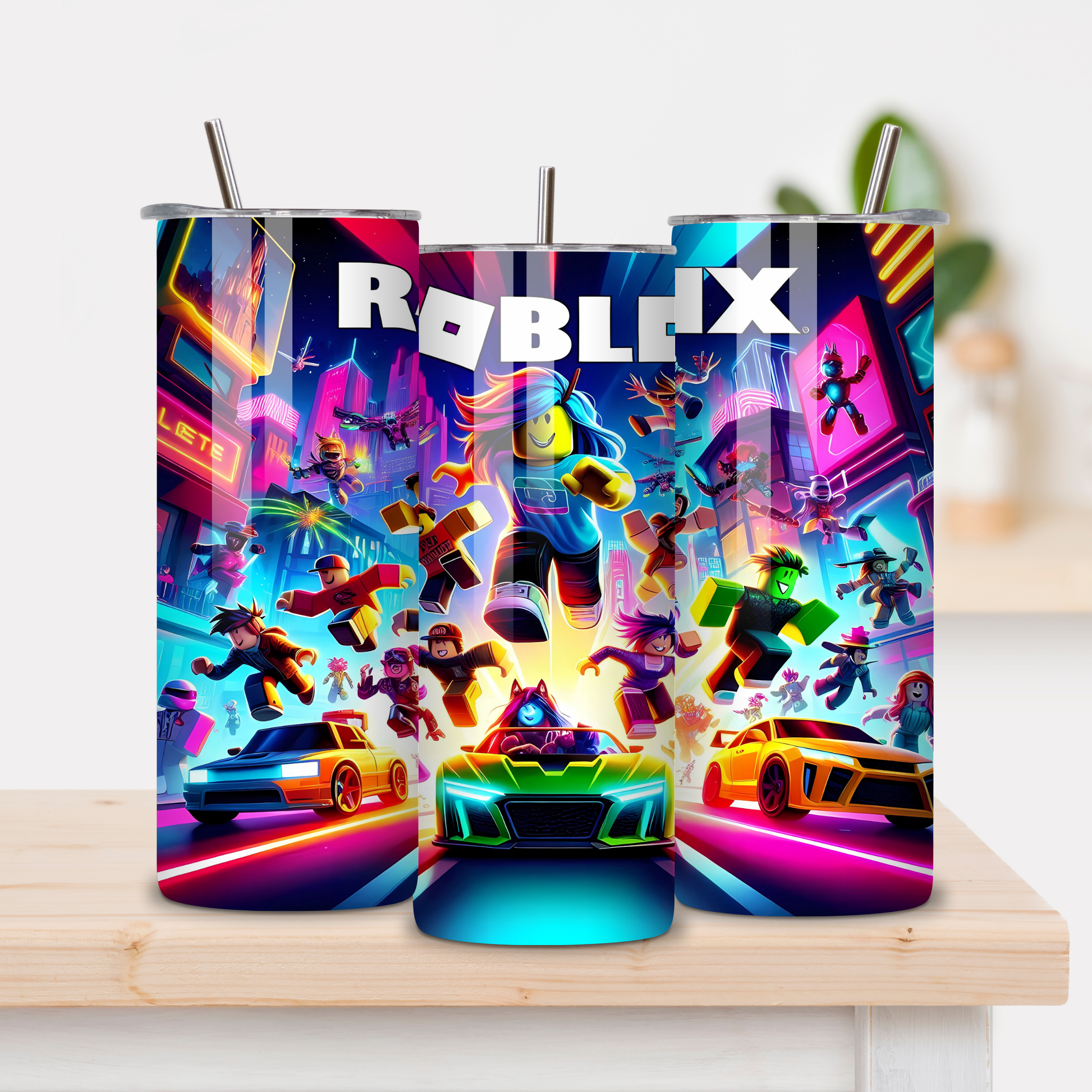 Tumbler met kleurrijke Roblox-achtige gameprint, roestvrijstalen rietje en energiek gaming design