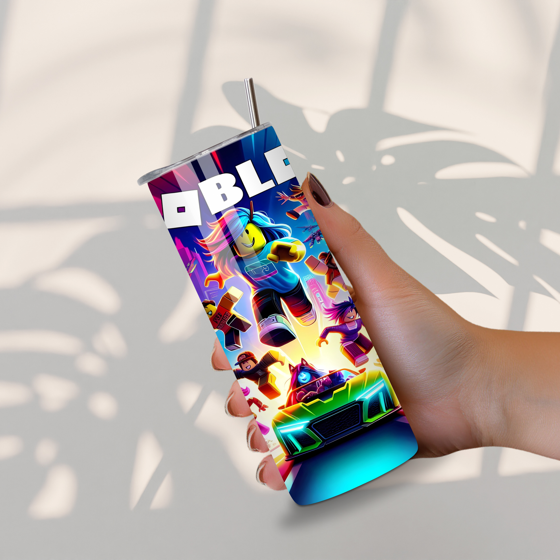 Tumbler met kleurrijke Roblox-achtige gameprint, roestvrijstalen rietje en energiek gaming design
